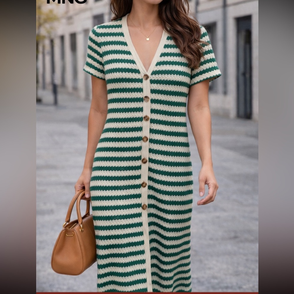 Mango Green & Cream Striped Knit Button Front Midi Dress Size 6 Summer